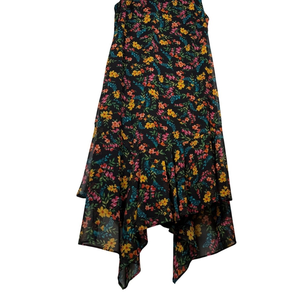 Calvin Klein Black Floral Chiffon Midi Dress Size 8 Sharkbite Hem Wedding Guest - Picture 3 of 12